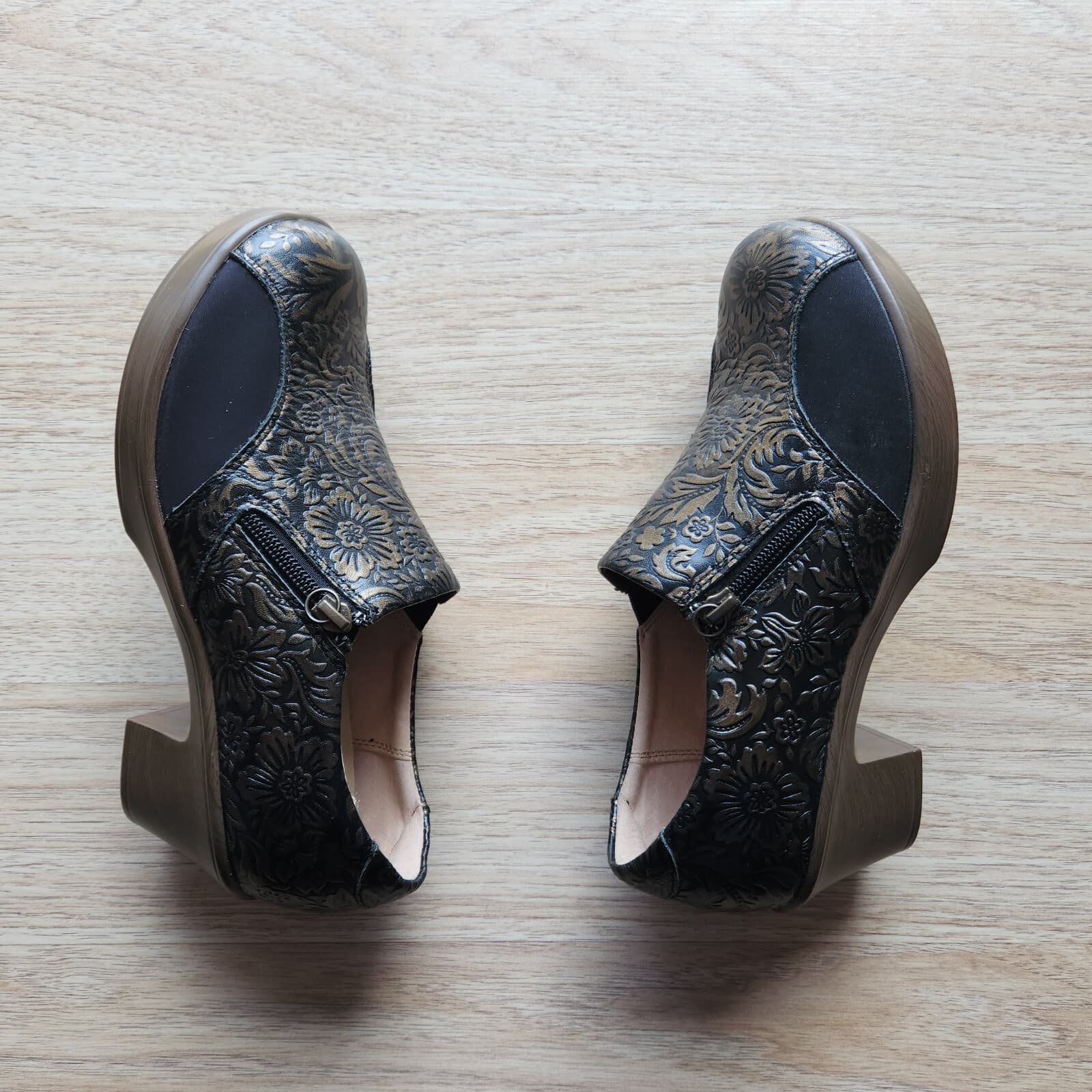 EUC Alegria Hayli Minted Bronze Floral Leather Comfort Clogs Heel Zipper EU38 - Thumbnail 6