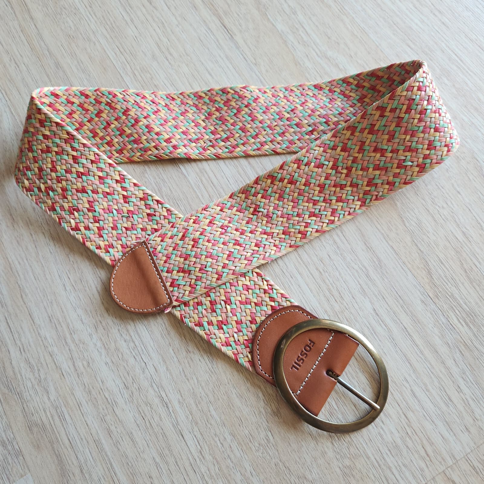 Fossil 2.5" Wide Island Weave Multicolor Leather Braided Belt Brass Buckle Sz.L