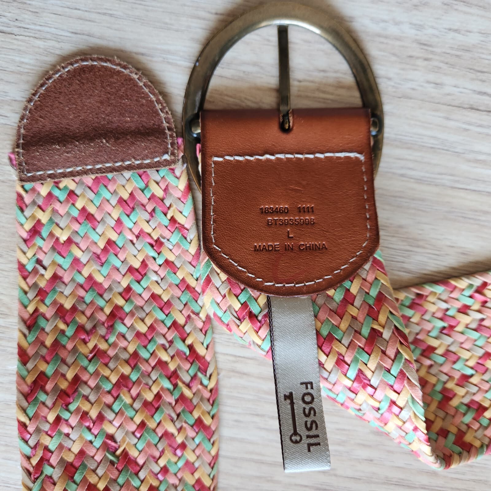 Fossil 2.5" Wide Island Weave Multicolor Leather Braided Belt Brass Buckle Sz.L - Thumbnail 5