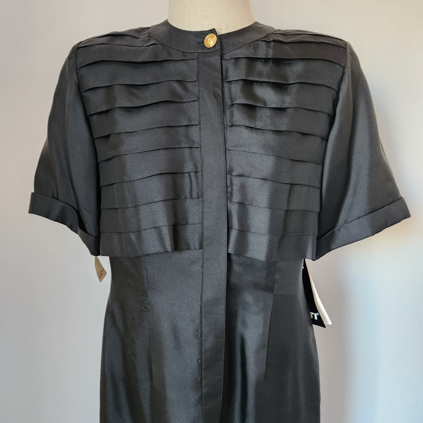 Vintage NWT Argenti 100% Silk Formal Evening Midi Dress Short Sleeve Black Sz.12 - Thumbnail 2