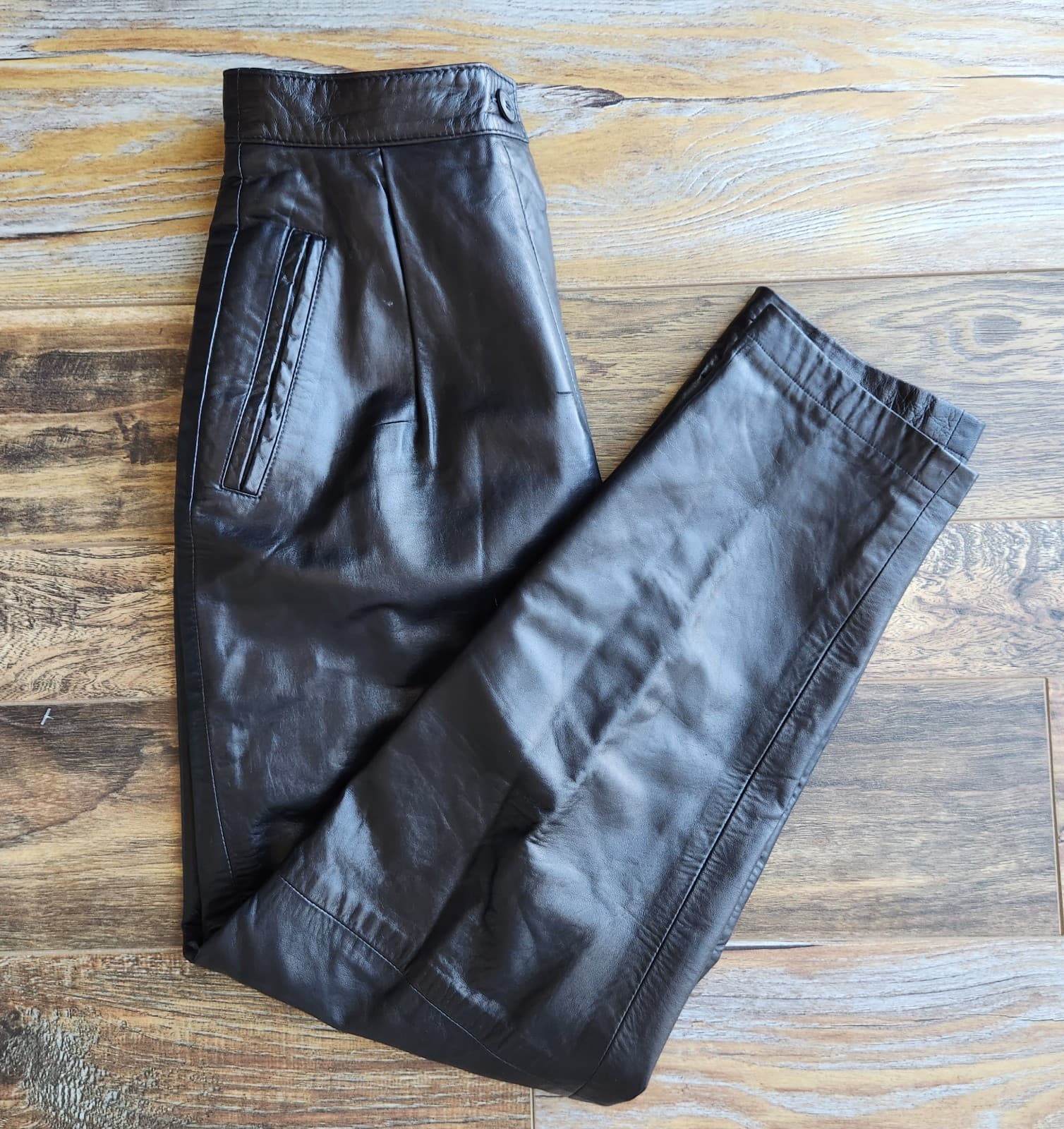 Vintage Ann Taylor Made in USA Leather High Waist Slouchy Pleat Pants Black Sz.6 - Thumbnail 3