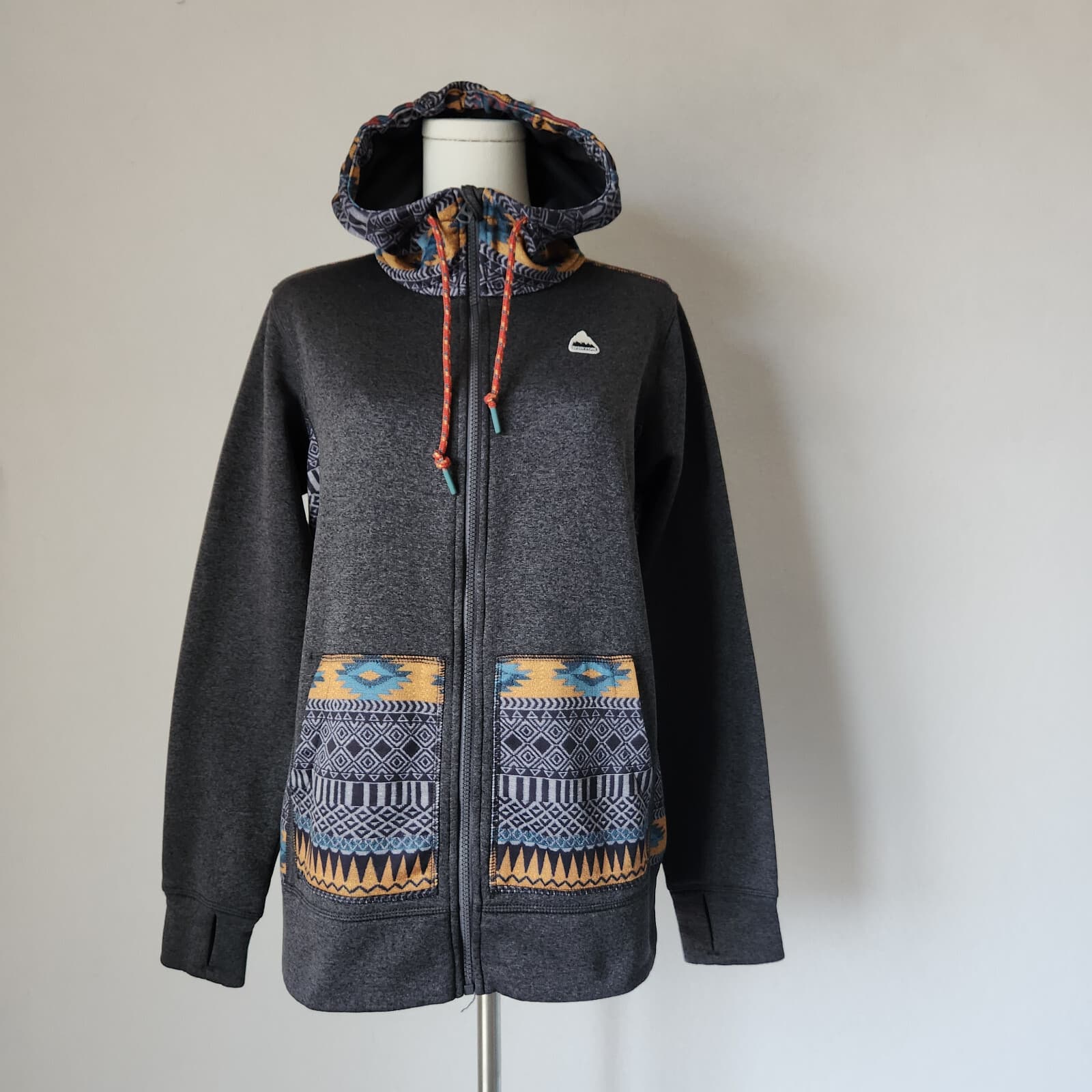 Burton Oak Aztec Southwest Hoodie Sweatshirt Full-Zip Fleece Lined Grey Womens S - Thumbnail 2