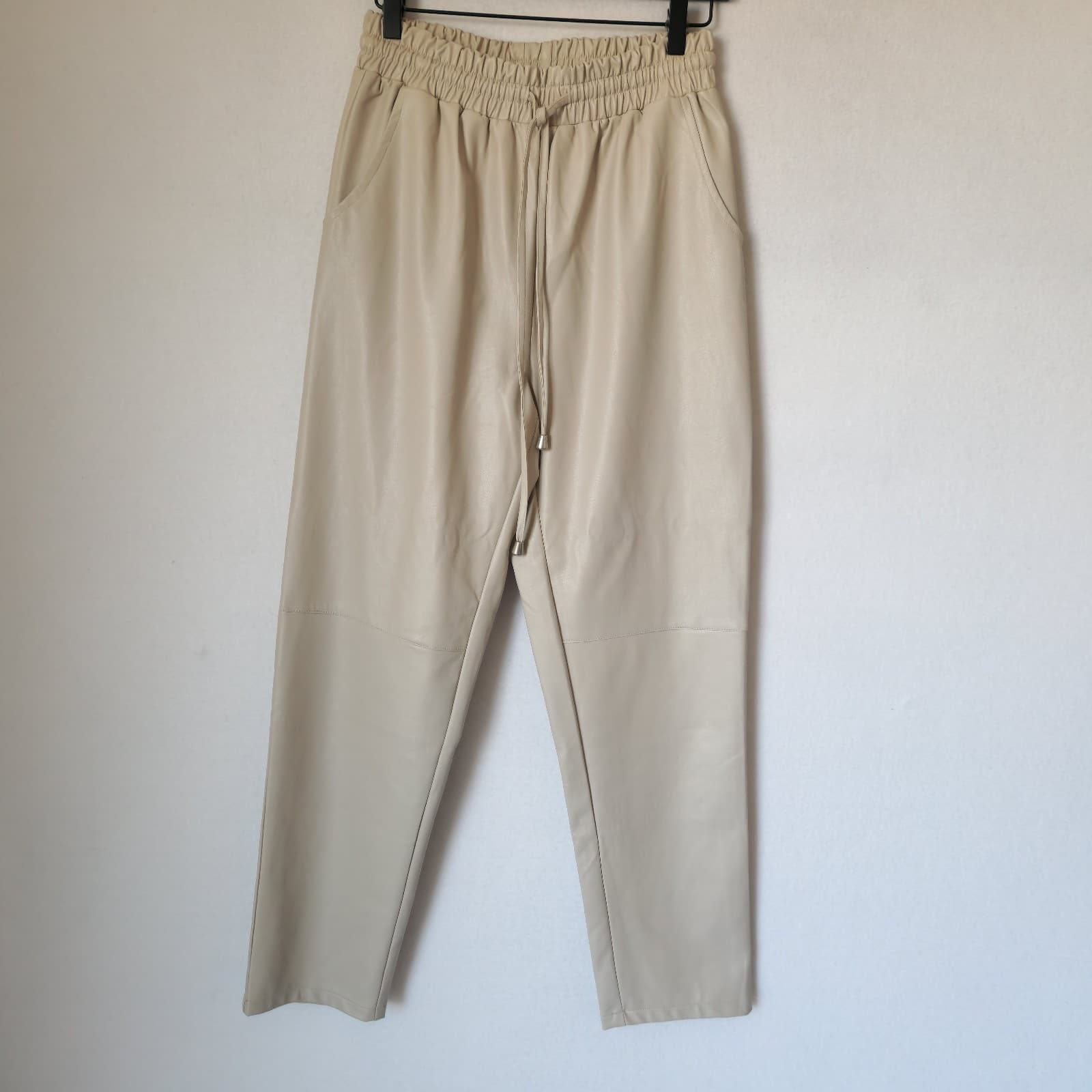 LANE 201 Faux Leather High Waist Pant Drawstring Elastic Waist Pocket Beige Sz.S - Thumbnail 2