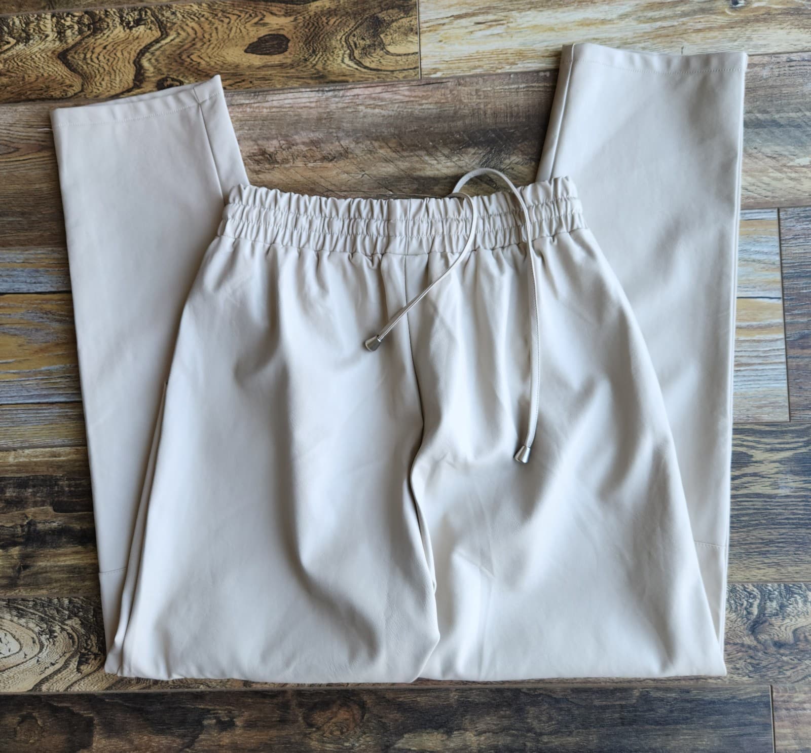 LANE 201 Faux Leather High Waist Pant Drawstring Elastic Waist Pocket Beige Sz.S - Thumbnail 5