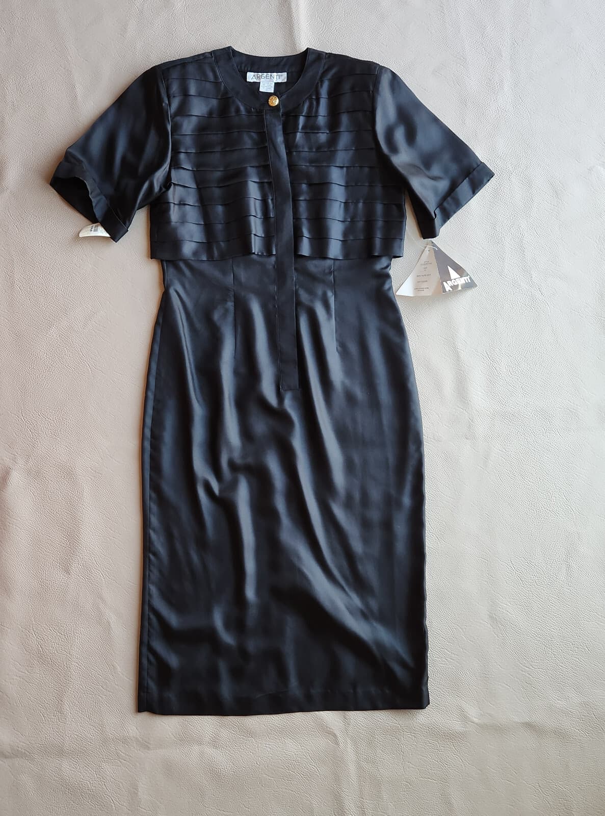 Vintage NWT Argenti 100% Silk Formal Evening Midi Dress Short Sleeve Black Sz.12 - Thumbnail 5
