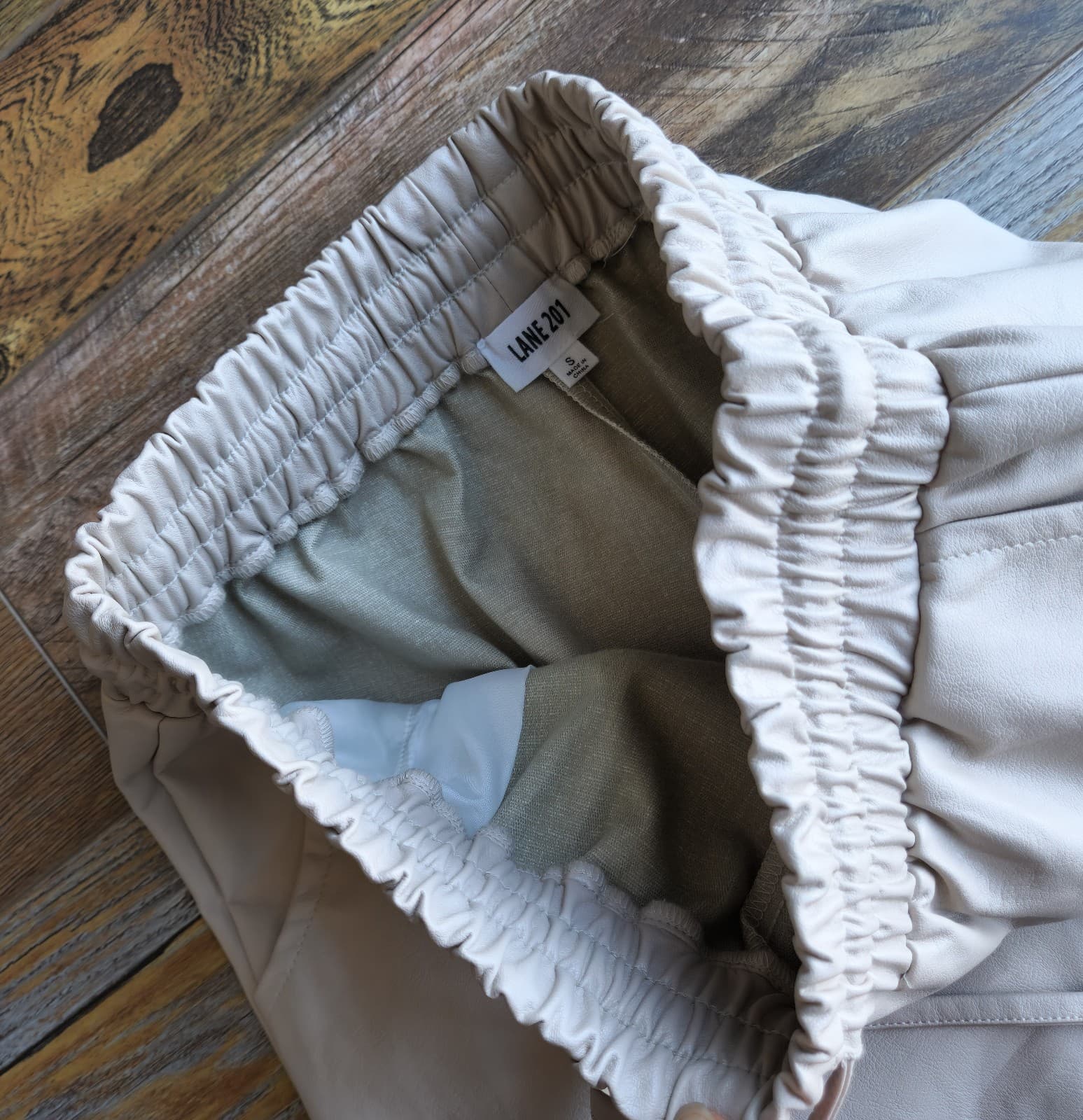 LANE 201 Faux Leather High Waist Pant Drawstring Elastic Waist Pocket Beige Sz.S - Thumbnail 6