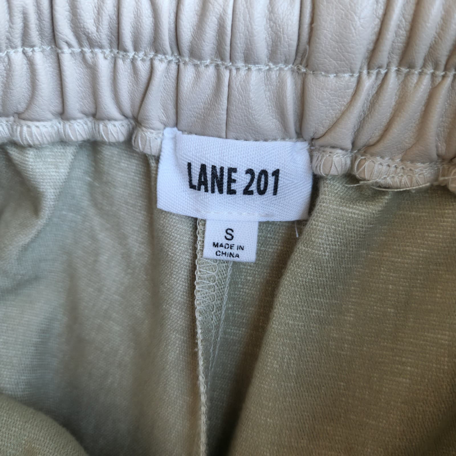 LANE 201 Faux Leather High Waist Pant Drawstring Elastic Waist Pocket Beige Sz.S - Thumbnail 7