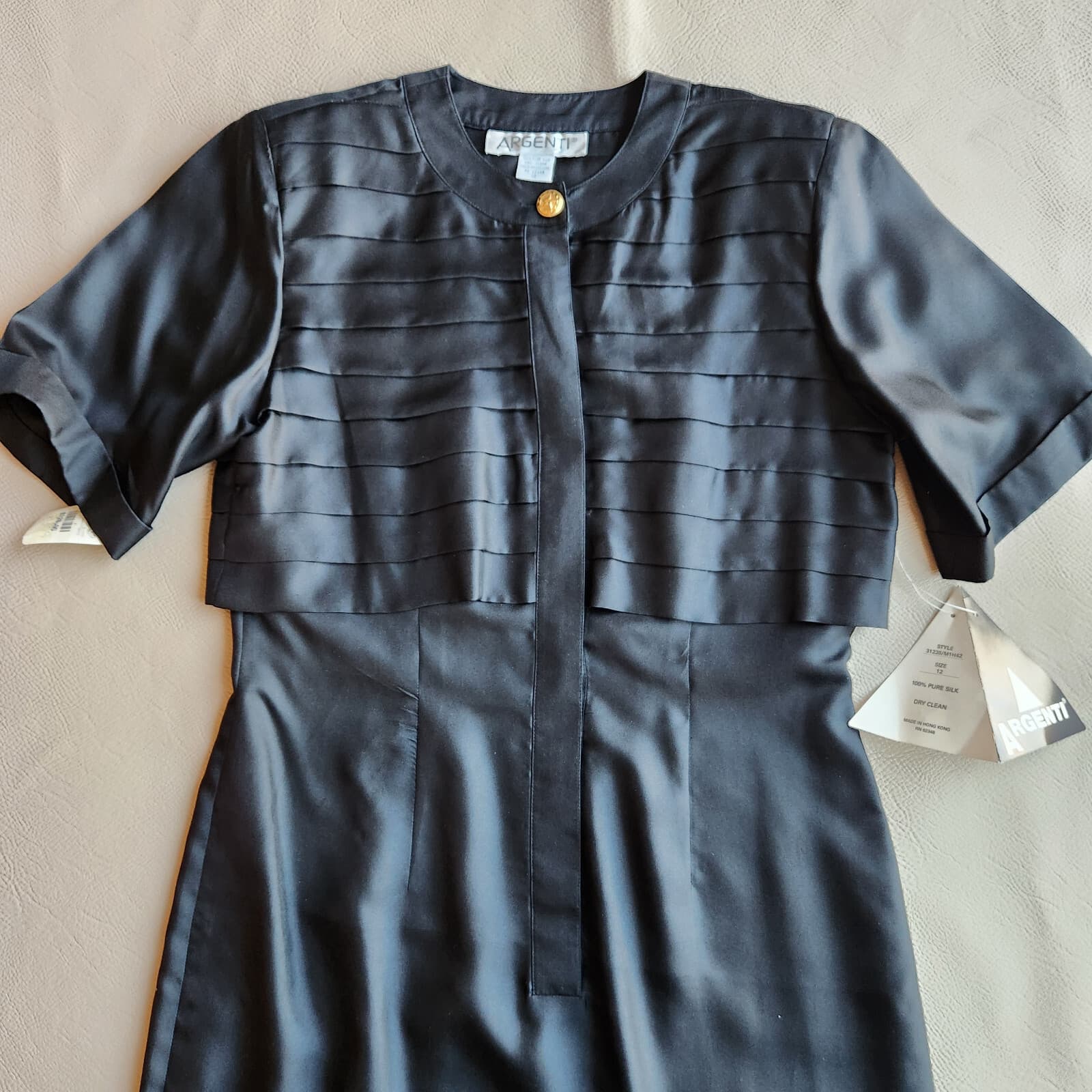 Vintage NWT Argenti 100% Silk Formal Evening Midi Dress Short Sleeve Black Sz.12 - Thumbnail 6