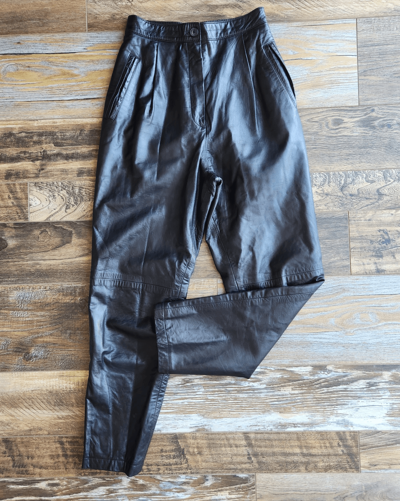 Vintage Ann Taylor Made in USA Leather High Waist Slouchy Pleat Pants Black Sz.6 - Thumbnail 2
