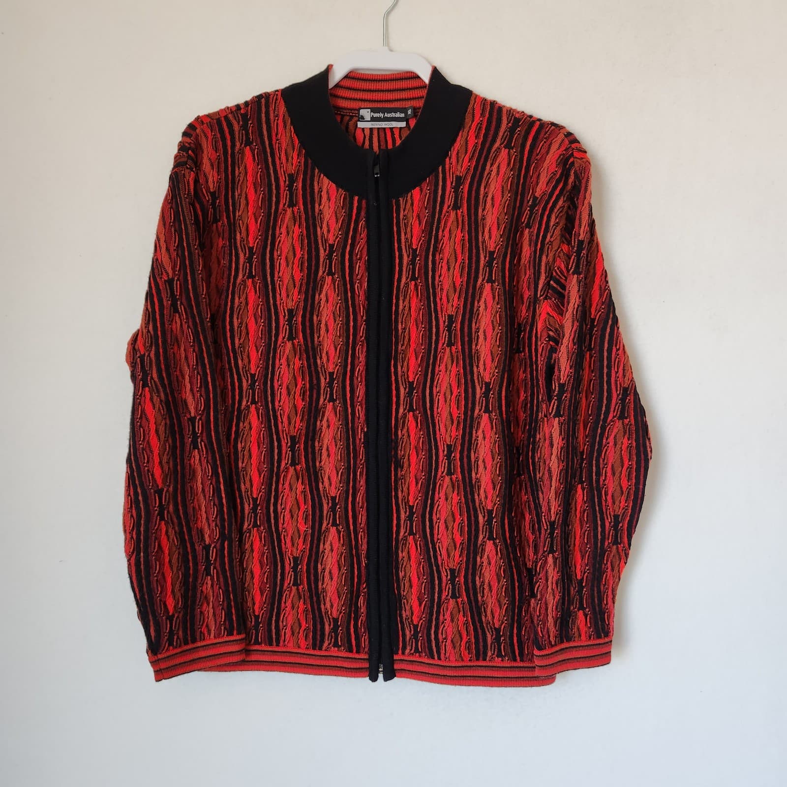 Purely Australian Merino Wool Cosby 3D Hiphob Zip-Up Sweater Red Black Men's XL - Thumbnail 2