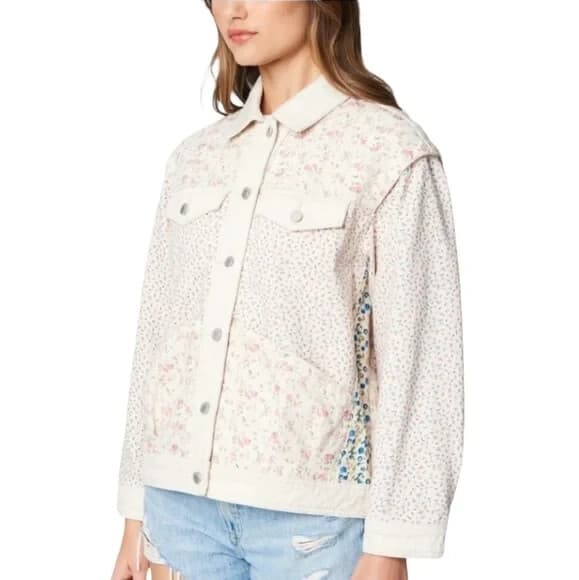 Blank NYC Full Bloom Floral Patchwork Denim Tucker Jacket Button Pocket Cream M - Thumbnail 7
