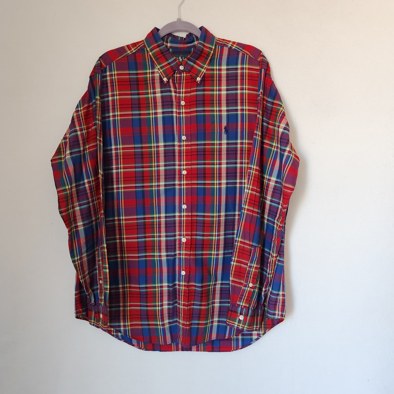 Vintage Ralph Lauren Plaid Classic Fit Button-Down Shirt Long Sleeve Red Men's L