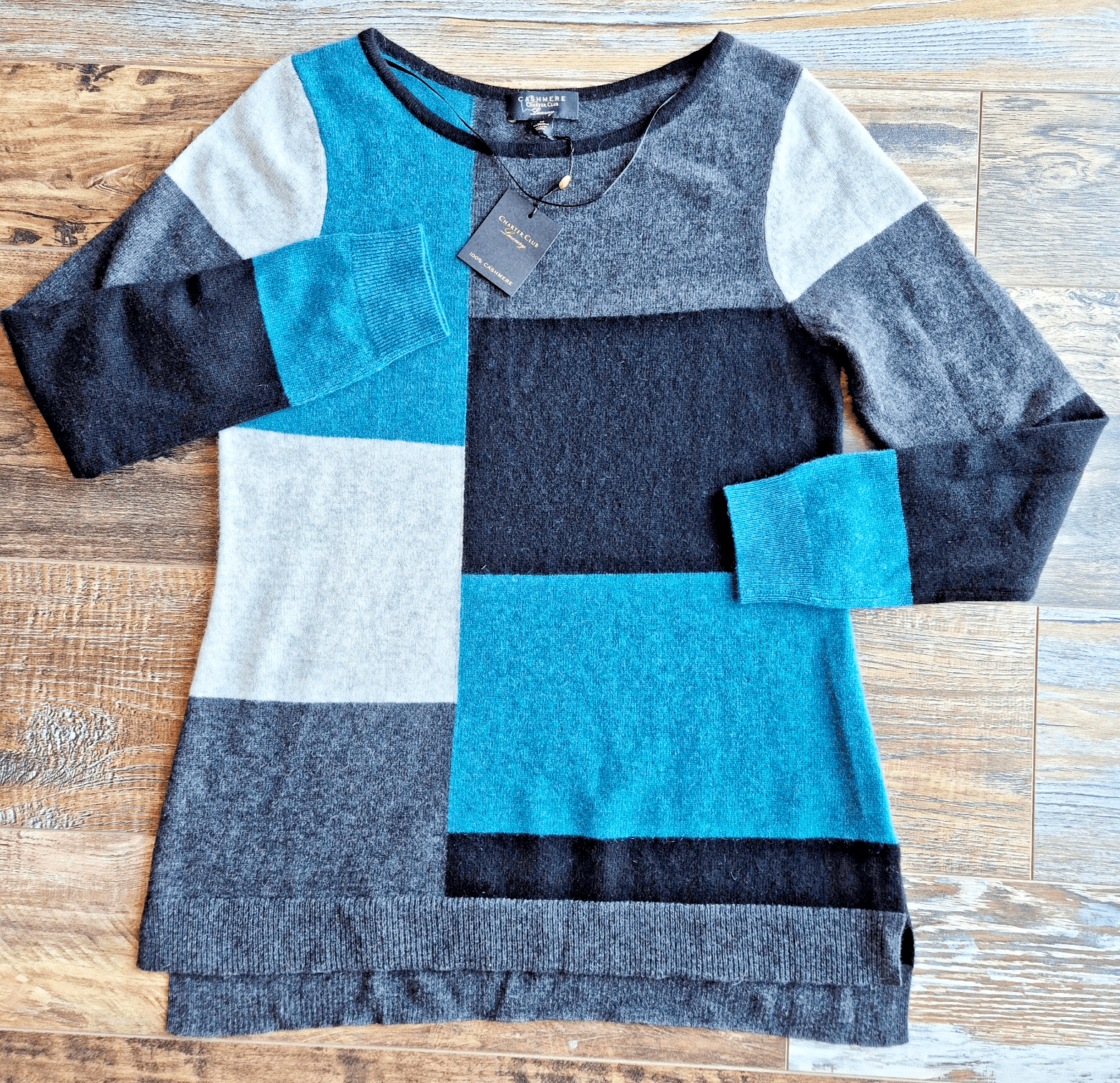 NWT Charter Club Luxury 100% Cashmere Colorblock Crew Neck Sweater Women's M
