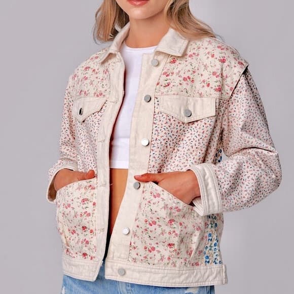 Blank NYC Full Bloom Floral Patchwork Denim Tucker Jacket Button Pocket Cream M - Thumbnail 3