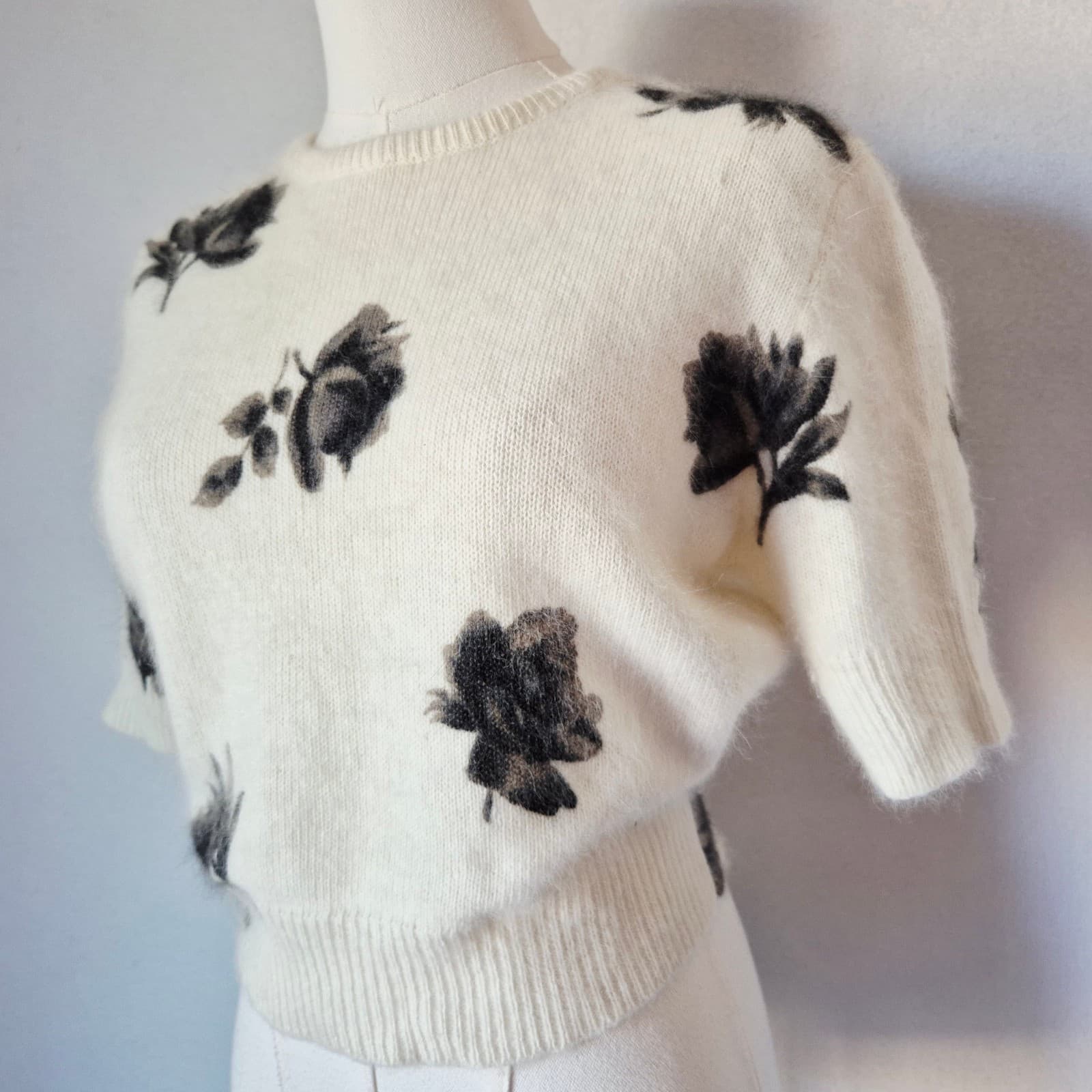 Vintage'90 Express Tricot Floral Rabbit Hair Blend Short Sleeve Sweater Ivory XS - Thumbnail 4