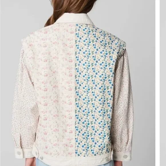 Blank NYC Full Bloom Floral Patchwork Denim Tucker Jacket Button Pocket Cream M - Thumbnail 9