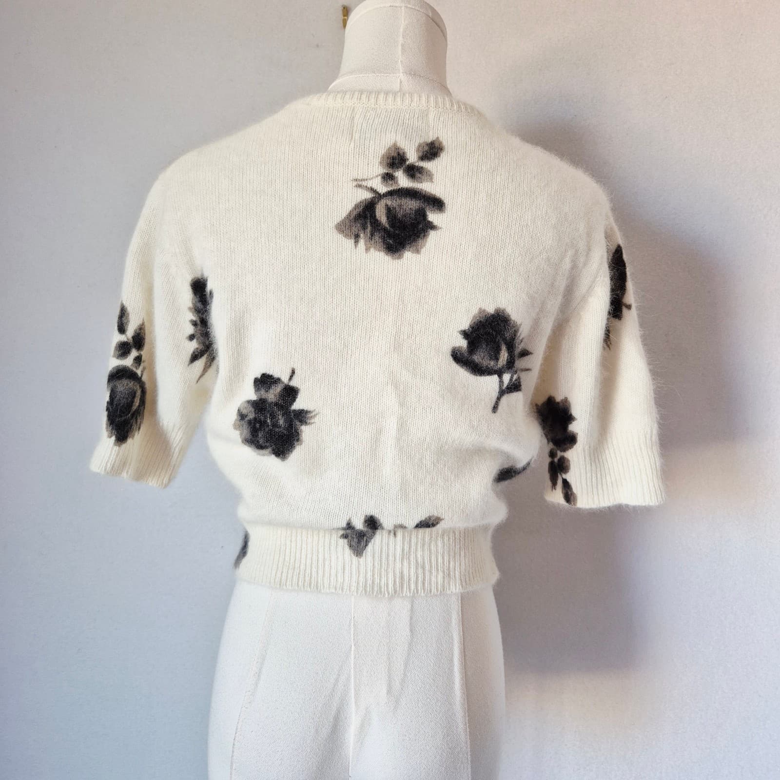Vintage'90 Express Tricot Floral Rabbit Hair Blend Short Sleeve Sweater Ivory XS - Thumbnail 6