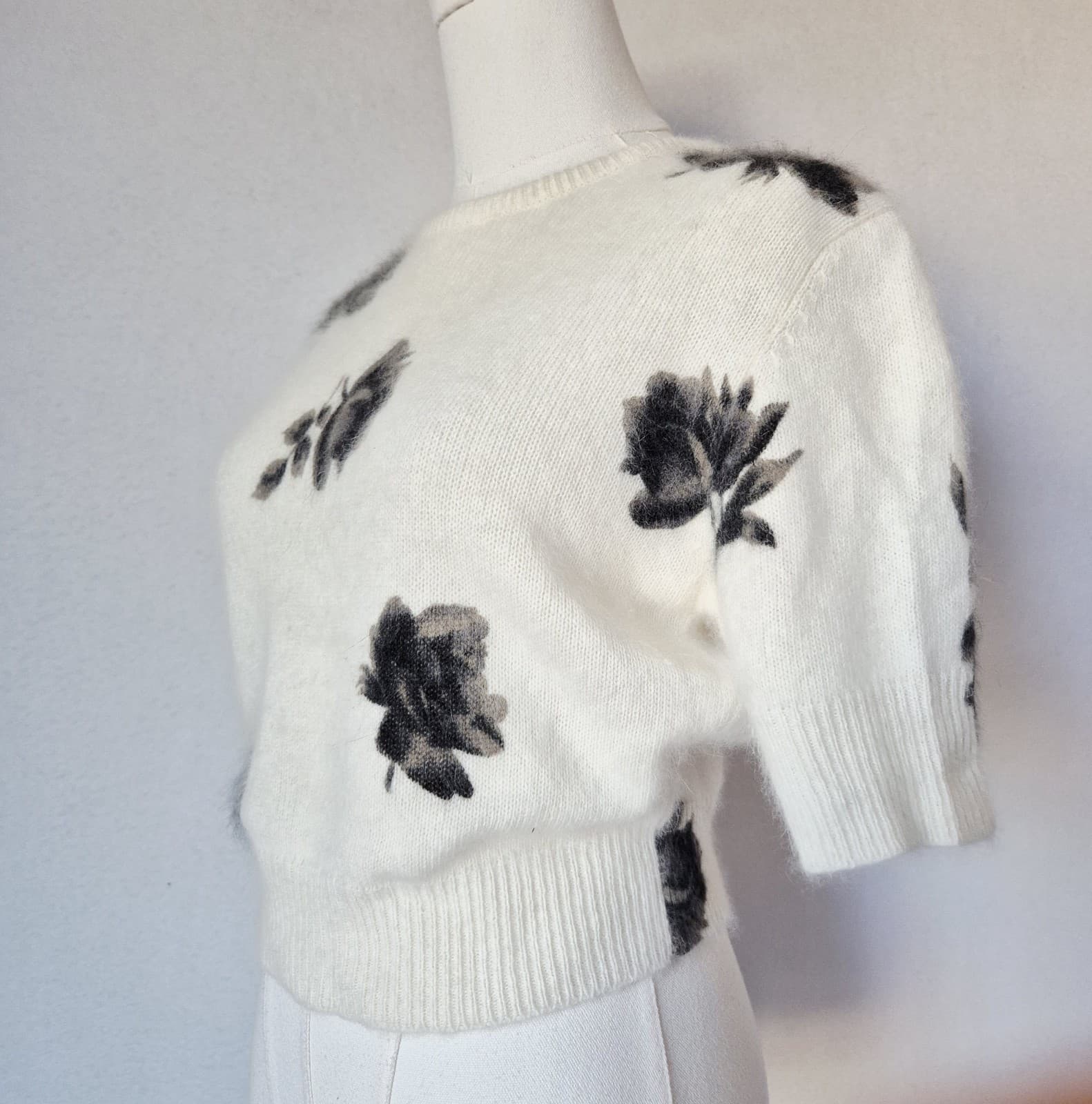 Vintage'90 Express Tricot Floral Rabbit Hair Blend Short Sleeve Sweater Ivory XS - Thumbnail 3
