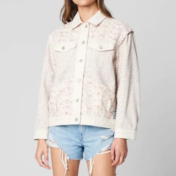Blank NYC Full Bloom Floral Patchwork Denim Tucker Jacket Button Pocket Cream M - Thumbnail 6