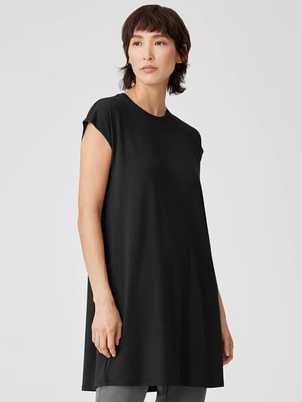 EILEEN FISHER Tunic T-Shirt Dress Boxy Viscose Jersey Cap-Sleeve Black Women's S - Thumbnail 6