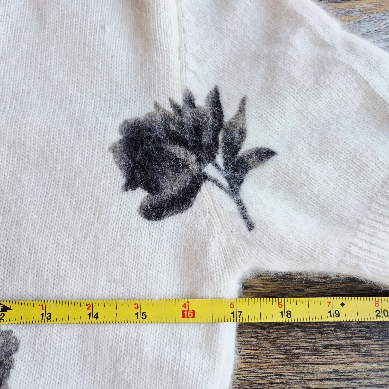 Vintage'90 Express Tricot Floral Rabbit Hair Blend Short Sleeve Sweater Ivory XS - Thumbnail 10