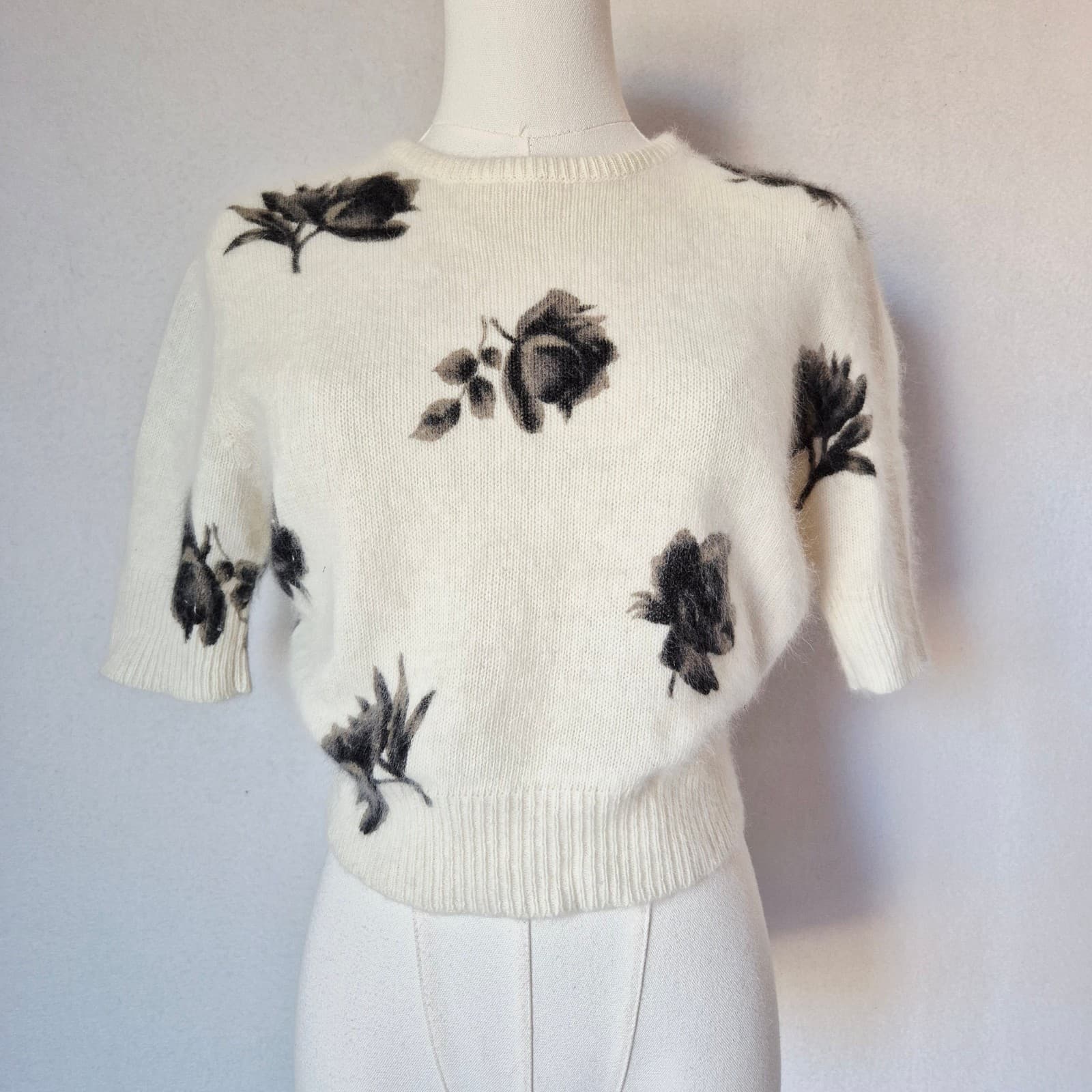 Vintage'90 Express Tricot Floral Rabbit Hair Blend Short Sleeve Sweater Ivory XS - Thumbnail 2
