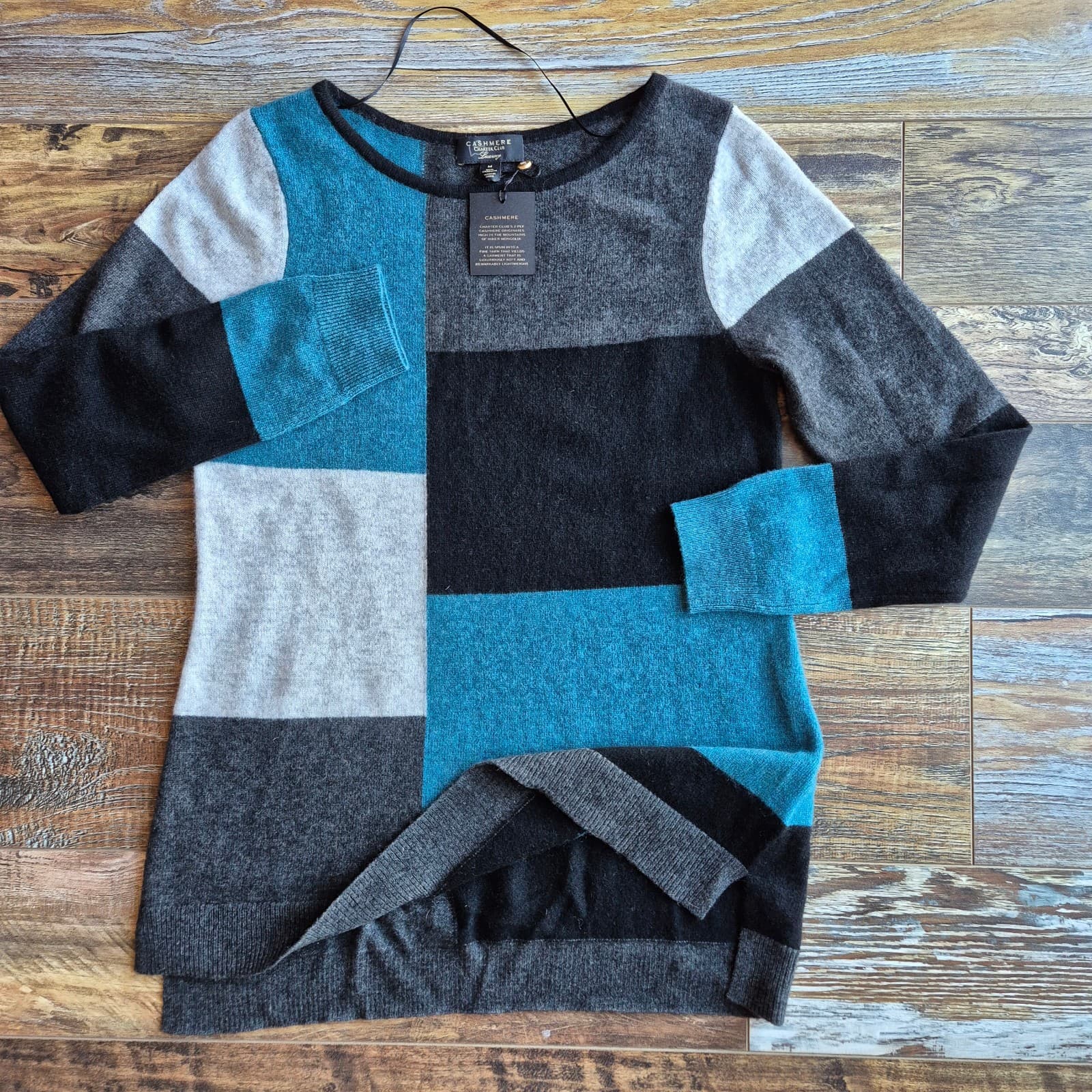 NWT Charter Club Luxury 100% Cashmere Colorblock Crew Neck Sweater Women's M - Thumbnail 4