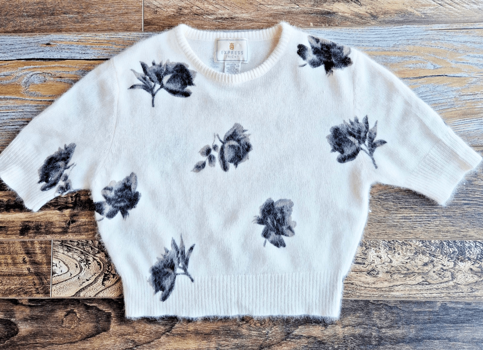 Vintage'90 Express Tricot Floral Rabbit Hair Blend Short Sleeve Sweater Ivory XS