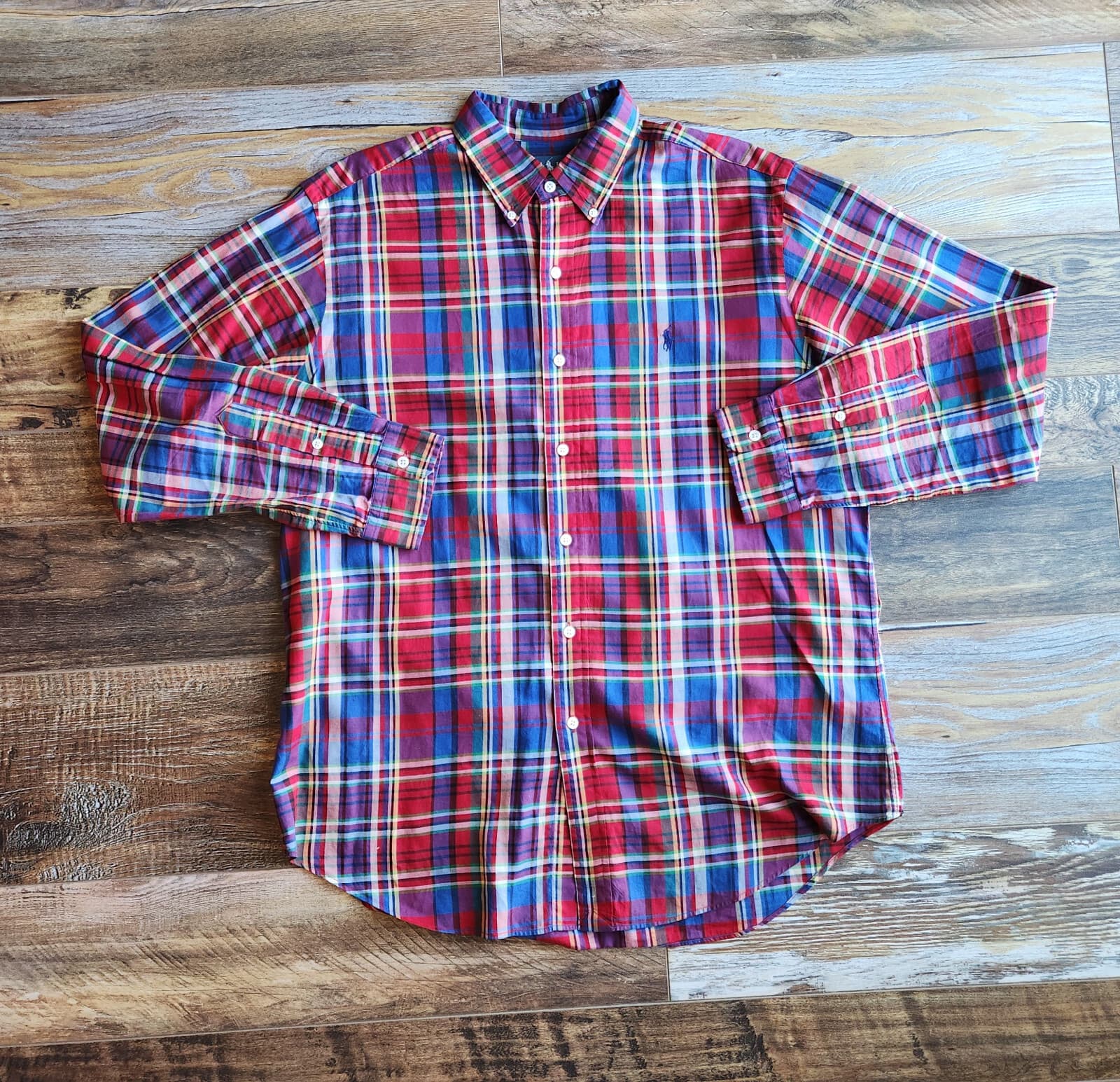 Vintage Ralph Lauren Plaid Classic Fit Button-Down Shirt Long Sleeve Red Men's L - Thumbnail 2