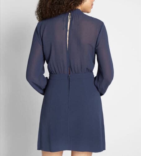 NWoT ModCloth Mini Sheath Dress Ruffle Mockneck Back-Key Hole Chiffon Navy Sz.4 - Thumbnail 5