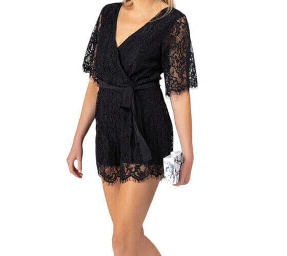 Blue Rain Lace Eyelet Surplice Glam Romper Ribbon Belt Lined Black Women's XS - Thumbnail 3