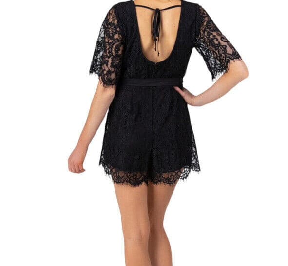 Blue Rain Lace Eyelet Surplice Glam Romper Ribbon Belt Lined Black Women's XS - Thumbnail 8
