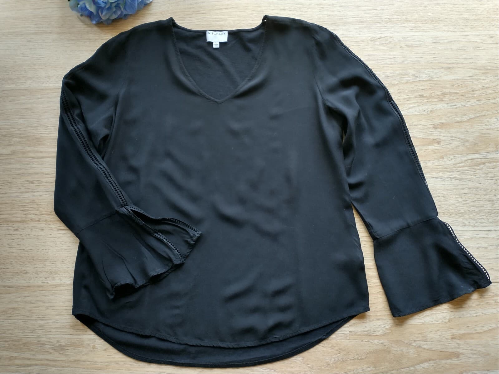 WITHCERY Women Viscose Knit Top Blouse Long Bell-Sleeve V-neck Black Sz.L - Thumbnail 2
