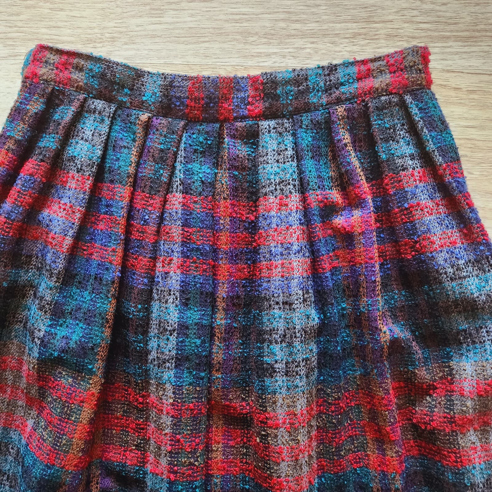 Vintage Diane Von Furstenberg Wool Blend Tweed Plaid Pleat Skirt Pocket Sz.14 - Thumbnail 3