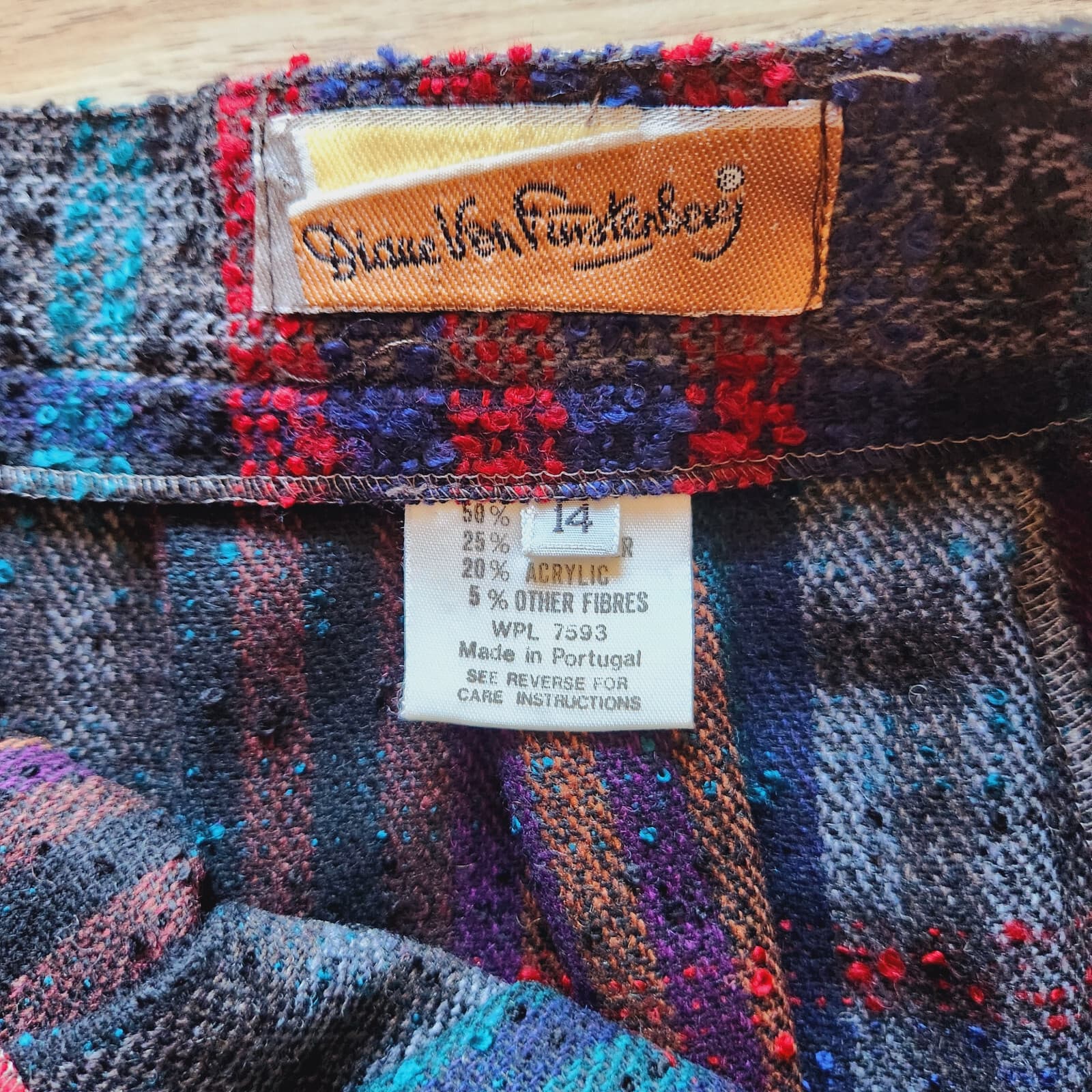 Vintage Diane Von Furstenberg Wool Blend Tweed Plaid Pleat Skirt Pocket Sz.14 - Thumbnail 6
