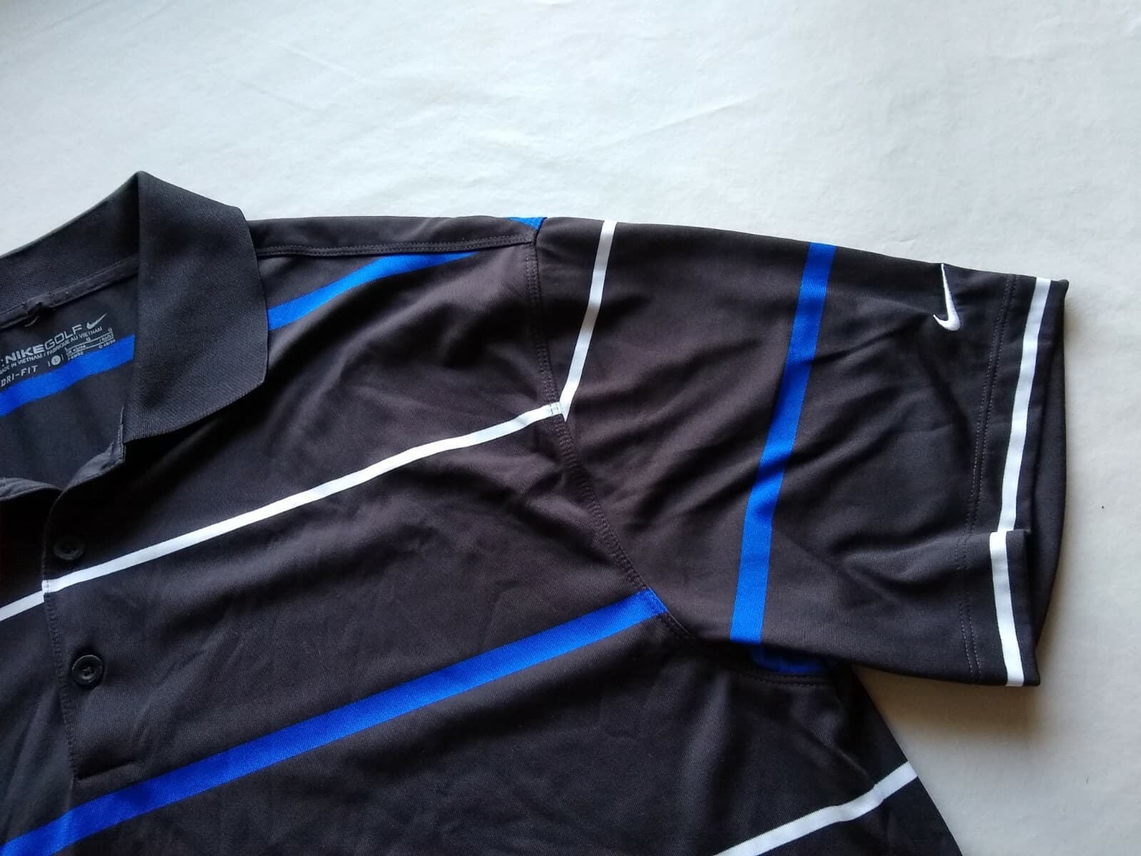 NIKE GOLF Dri-fit Polo Shirt Short Sleeves 1/4 Buttons Black Strip Sz.L - Thumbnail 3