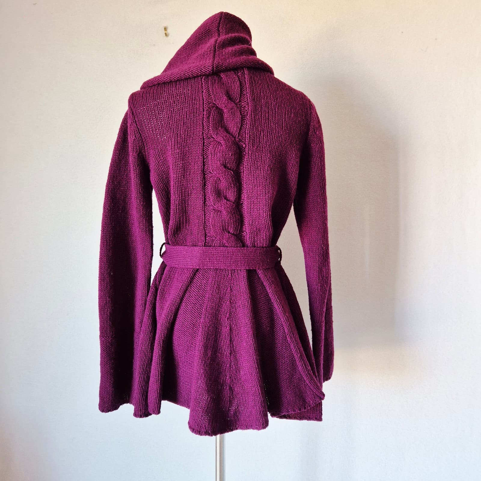 Sparrow Wool Blend Tie-Waist Shawl Neck Cardigan Pocket Purple Women's S - Thumbnail 5