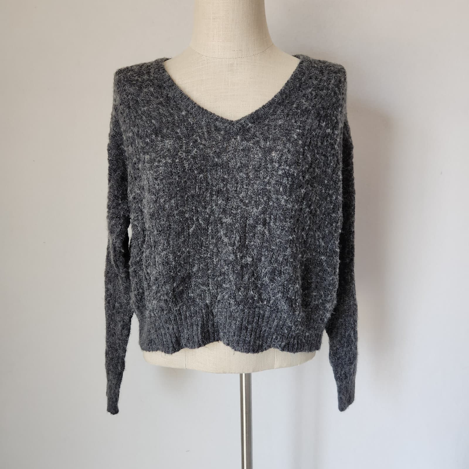 Madewell Alna Alpaca Blend Boxy Relax-Fit V-Neck Sweater Grey Carbon Women's M