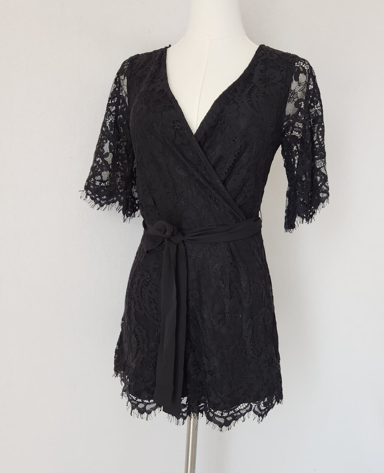Blue Rain Lace Eyelet Surplice Glam Romper Ribbon Belt Lined Black Women's XS - Thumbnail 2
