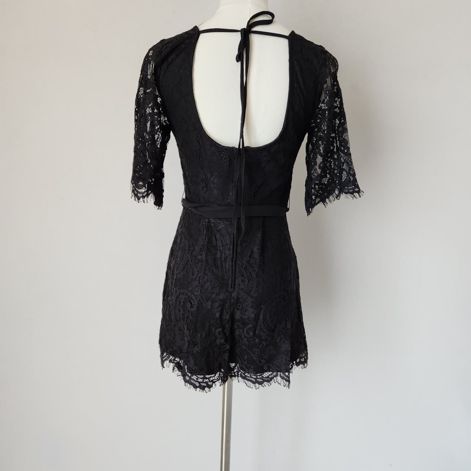 Blue Rain Lace Eyelet Surplice Glam Romper Ribbon Belt Lined Black Women's XS - Thumbnail 7