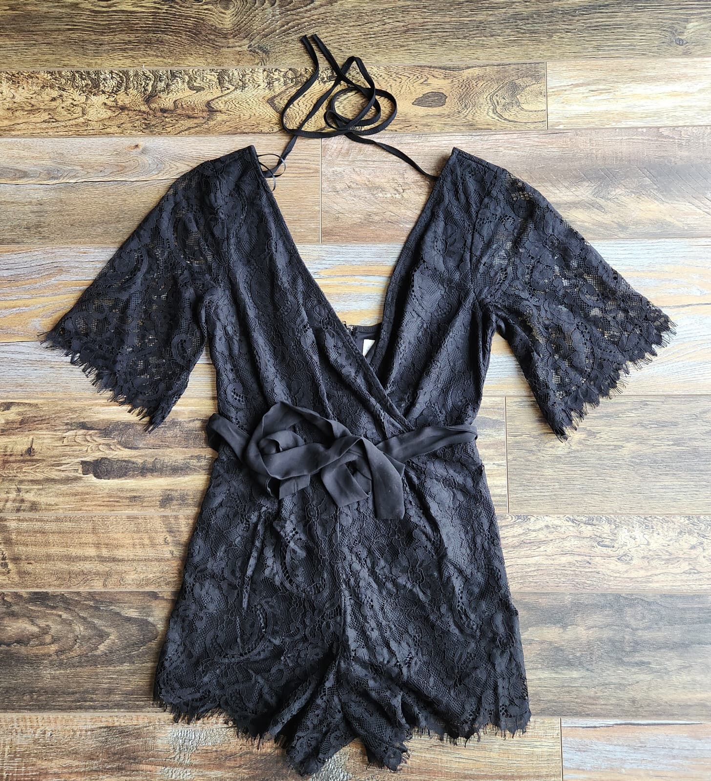 Blue Rain Lace Eyelet Surplice Glam Romper Ribbon Belt Lined Black Women's XS - Thumbnail 9
