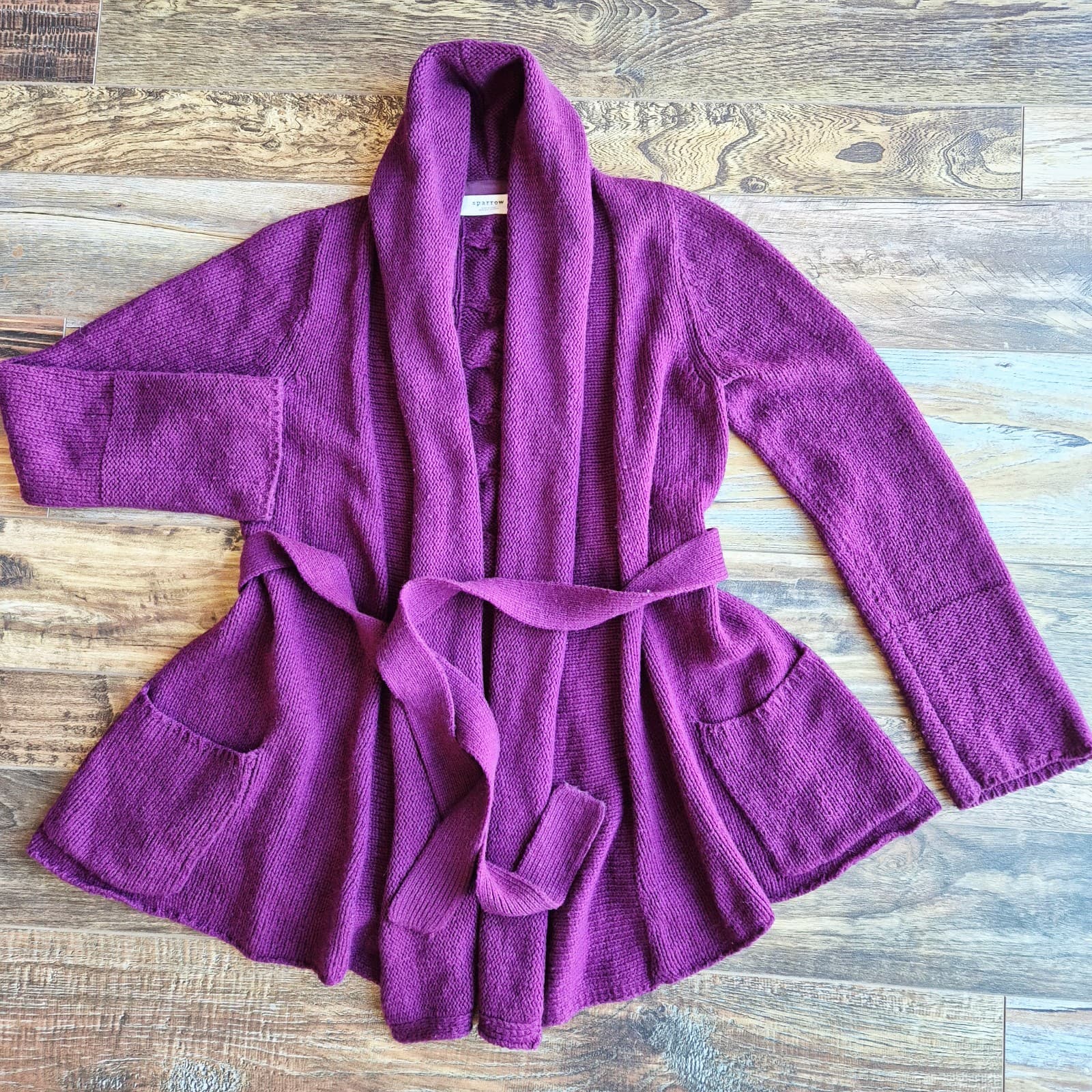 Sparrow Wool Blend Tie-Waist Shawl Neck Cardigan Pocket Purple Women's S - Thumbnail 3