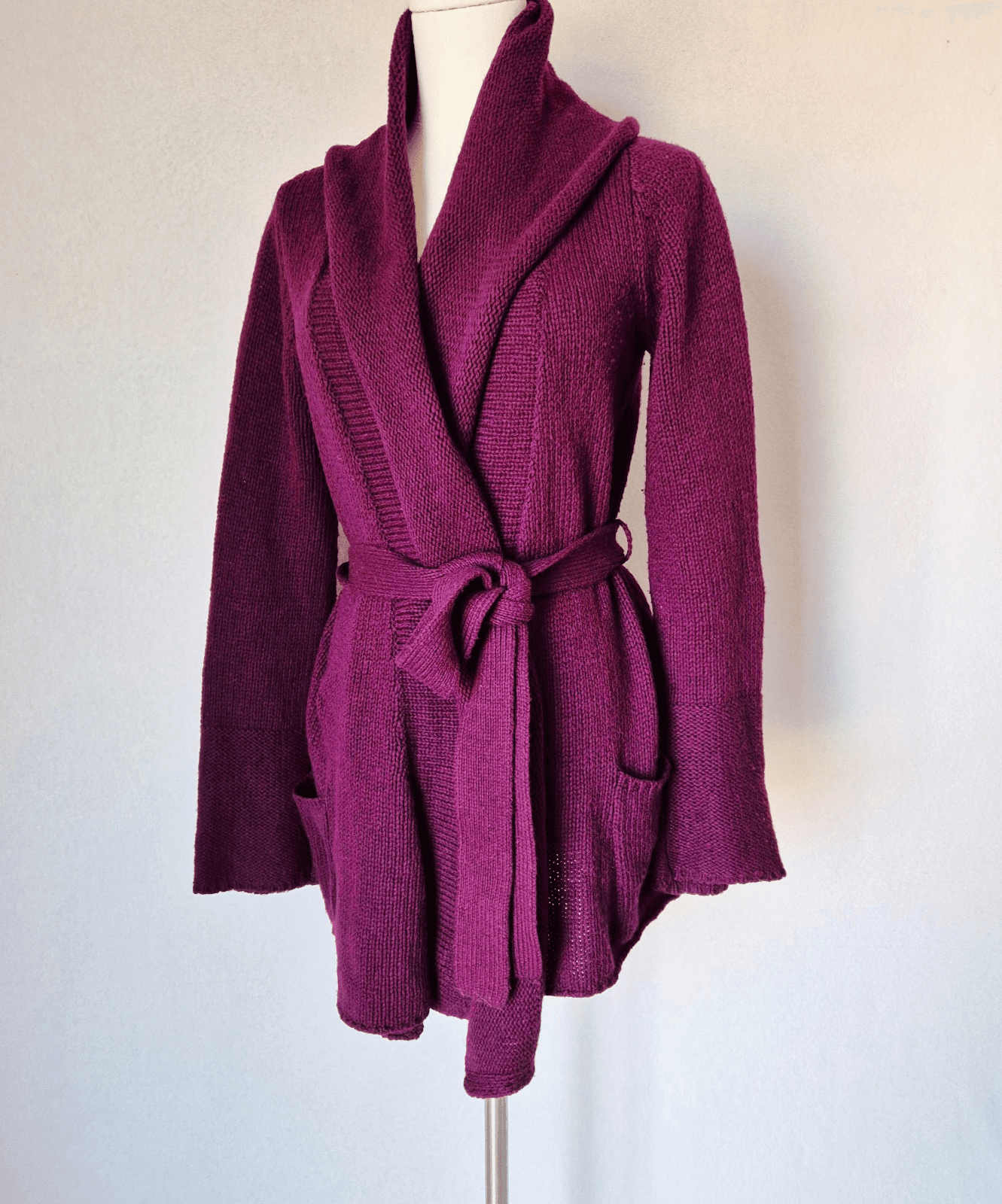 Sparrow Wool Blend Tie-Waist Shawl Neck Cardigan Pocket Purple Women's S