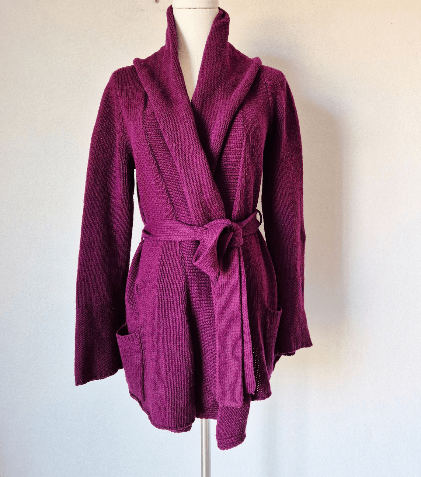 Sparrow Wool Blend Tie-Waist Shawl Neck Cardigan Pocket Purple Women's S - Thumbnail 2