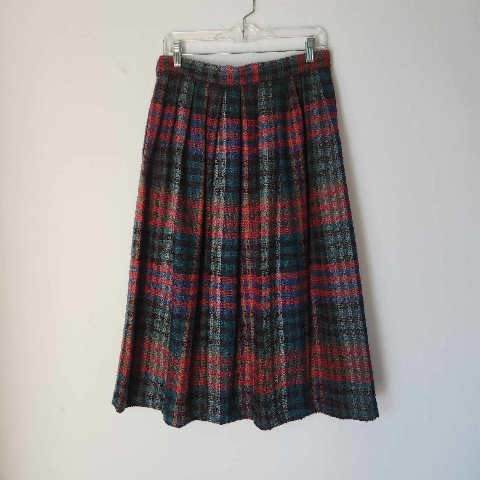 Vintage Diane Von Furstenberg Wool Blend Tweed Plaid Pleat Skirt Pocket Sz.14 - Thumbnail 2