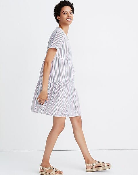 Madewell Striped Crewneck Button Front Tiered Mini Dress Multicolor Cotton Sz.L - Thumbnail 3