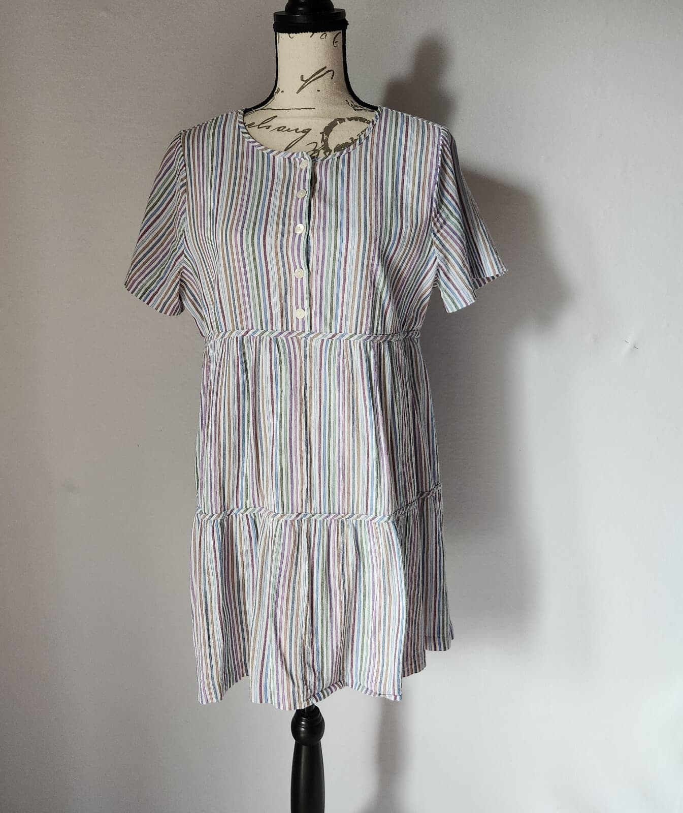 Madewell Striped Crewneck Button Front Tiered Mini Dress Multicolor Cotton Sz.L - Thumbnail 4