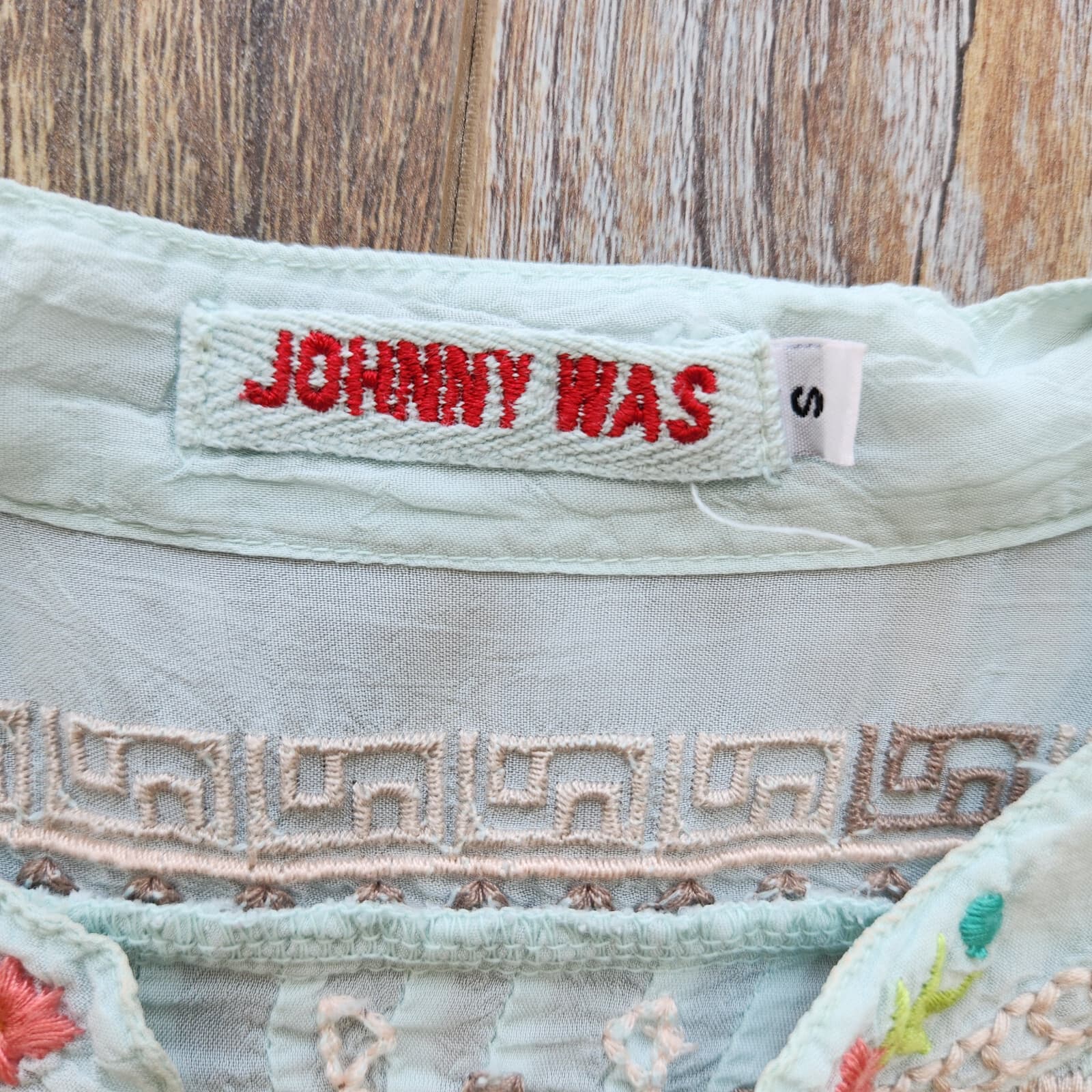 JOHNNY WAS Floral Embroidered Semi-Sheer Top Popover V-Neck 3/4 Sleeve Green S - Thumbnail 11