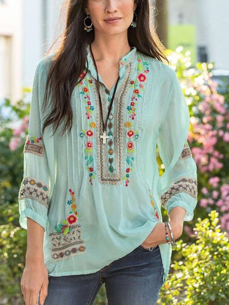 JOHNNY WAS Floral Embroidered Semi-Sheer Top Popover V-Neck 3/4 Sleeve Green S - Thumbnail 2