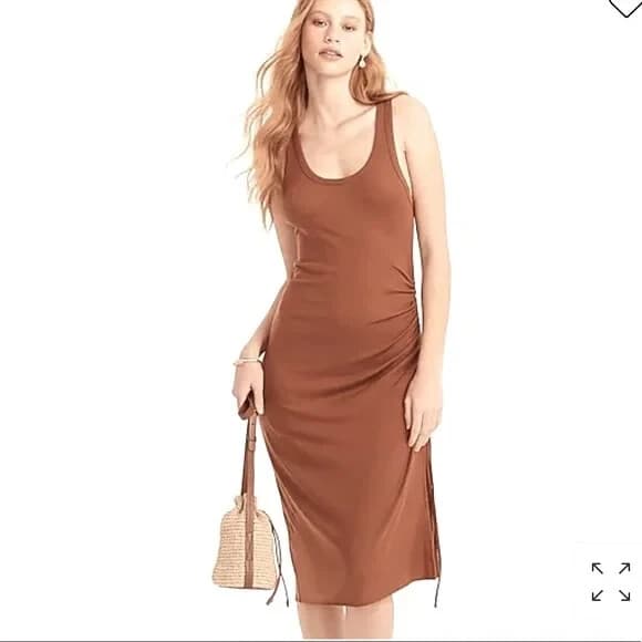 NWoT J.Crew Side-Ruched Ribbed-Knit Midi Tank Dress Scoop Neck Tencel Brown Sz.L - Thumbnail 2